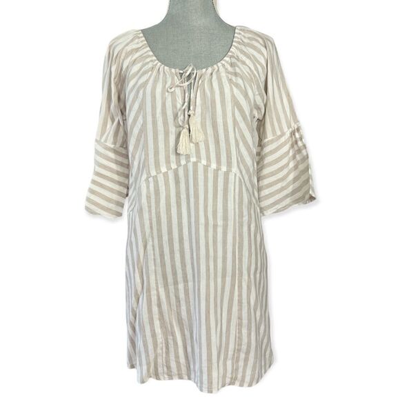 Free People Tan and White Stripe Folk Town Linen Blend Mini Dress Size S - Picture 2 of 6